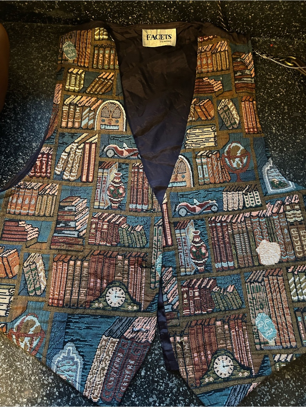 Men's Patterned Library-Print Vest in Teal and Brown